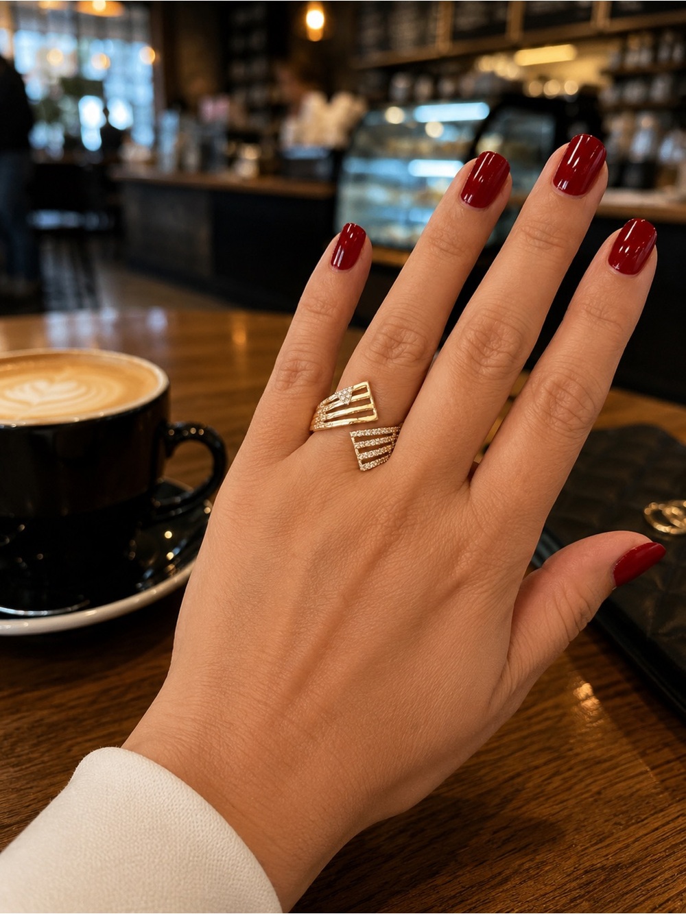 Elegant Gold Open Band Ring with Pavé Stones (two birds style ring) adjustable